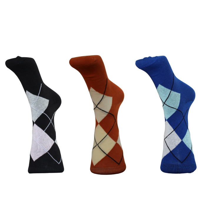 Argyle Socks - 3 Pairs - Brown, Black and Blue