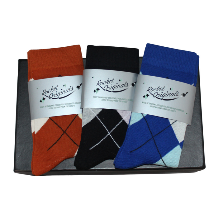 Argyle Socks - 3 Pairs - Brown, Black and Blue