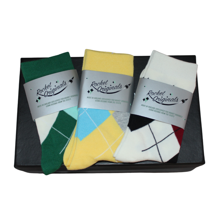 Argyle Socks - 3 Pairs - Green, Yellow and Cream